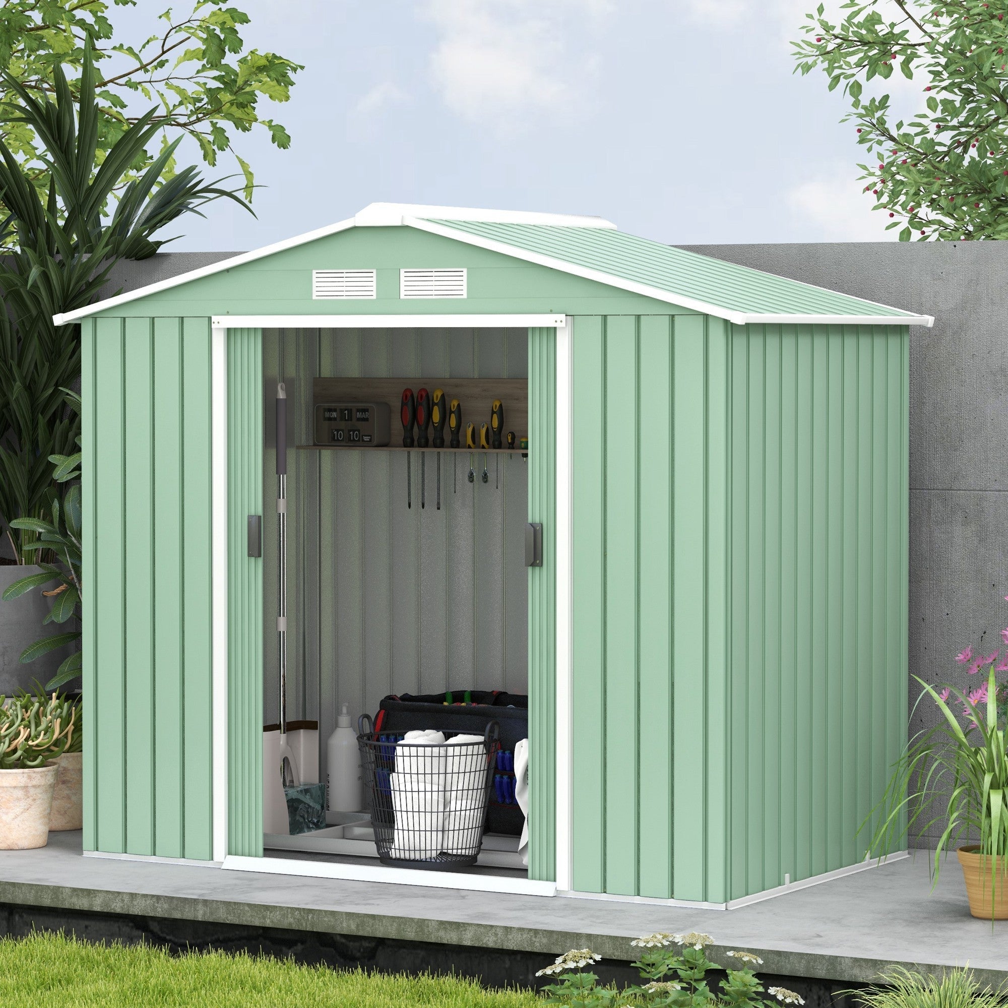 Outsunny 7' x 4' x 6' Garden Storage Shed Outdoor Patio Metal Tool Storage House w/ Foundation Kit and Double Doors Light Green