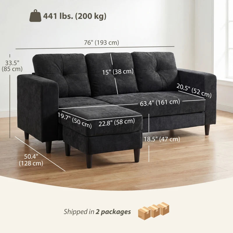Sectional Sofa, L Shaped Corner Sofa with Changeable Chaise, High-density Foam Padding Seat, Linen Fabric, Wooden Legs, Black
