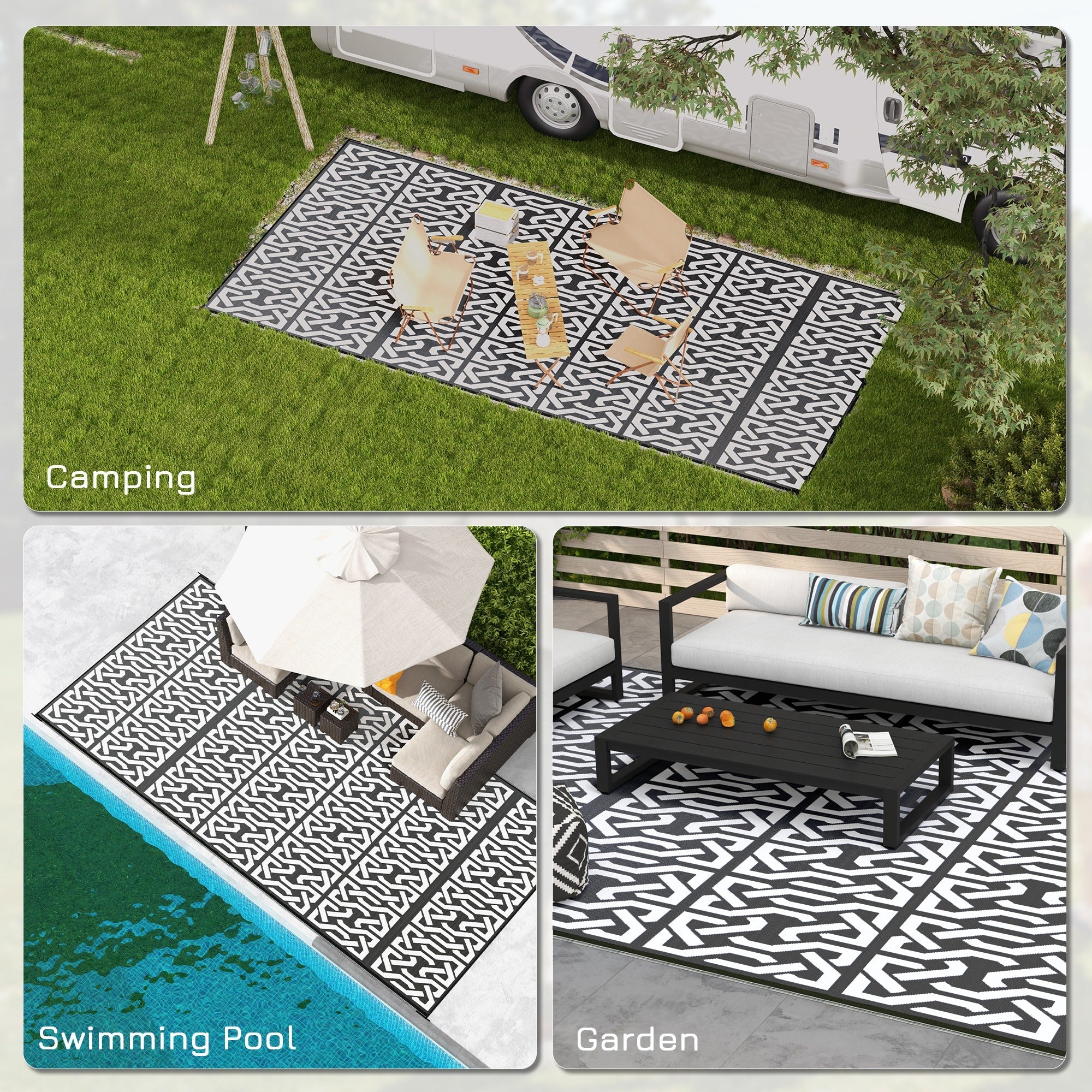 Outsunny 9x18ft Black White Chain Design Reversible Outdoor Rug Waterproof Plastic Straw with Carry Bag