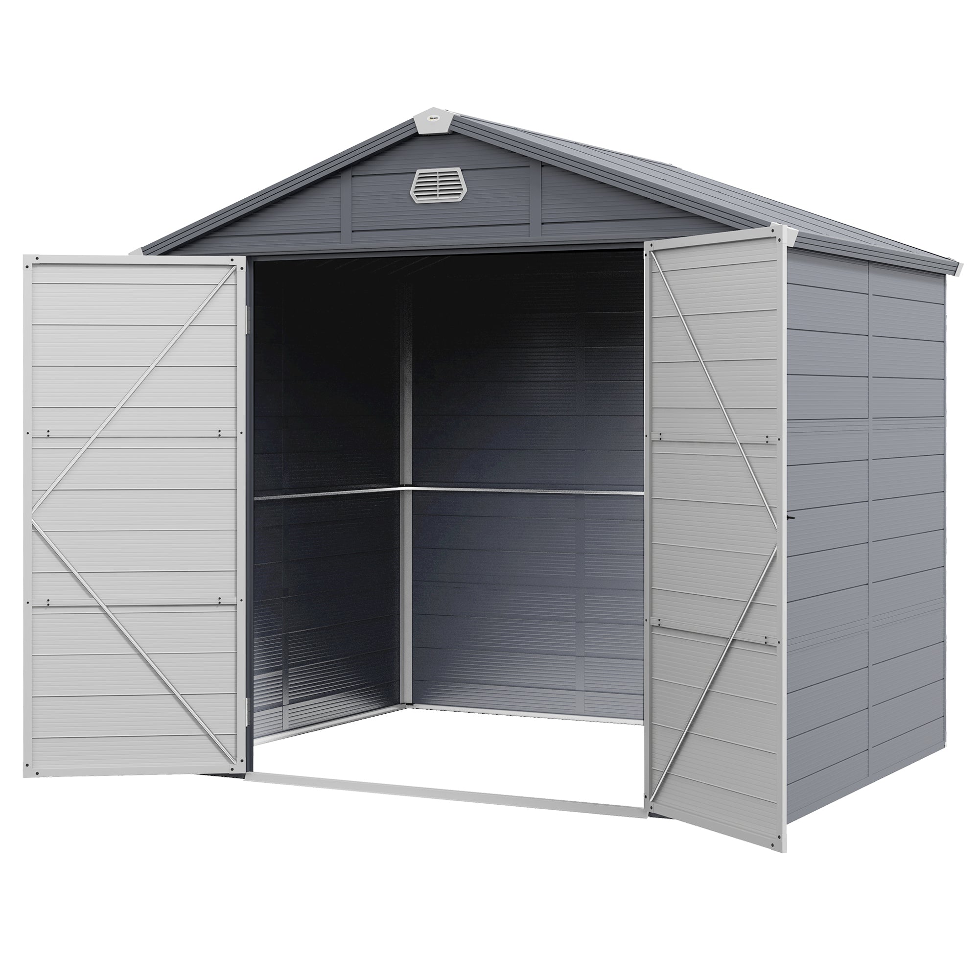 Outsunny Spacious 8x6ft Garden Shed Secure Latch Door, Ventilation, Sloped Roof, Durable PP Material in Grey