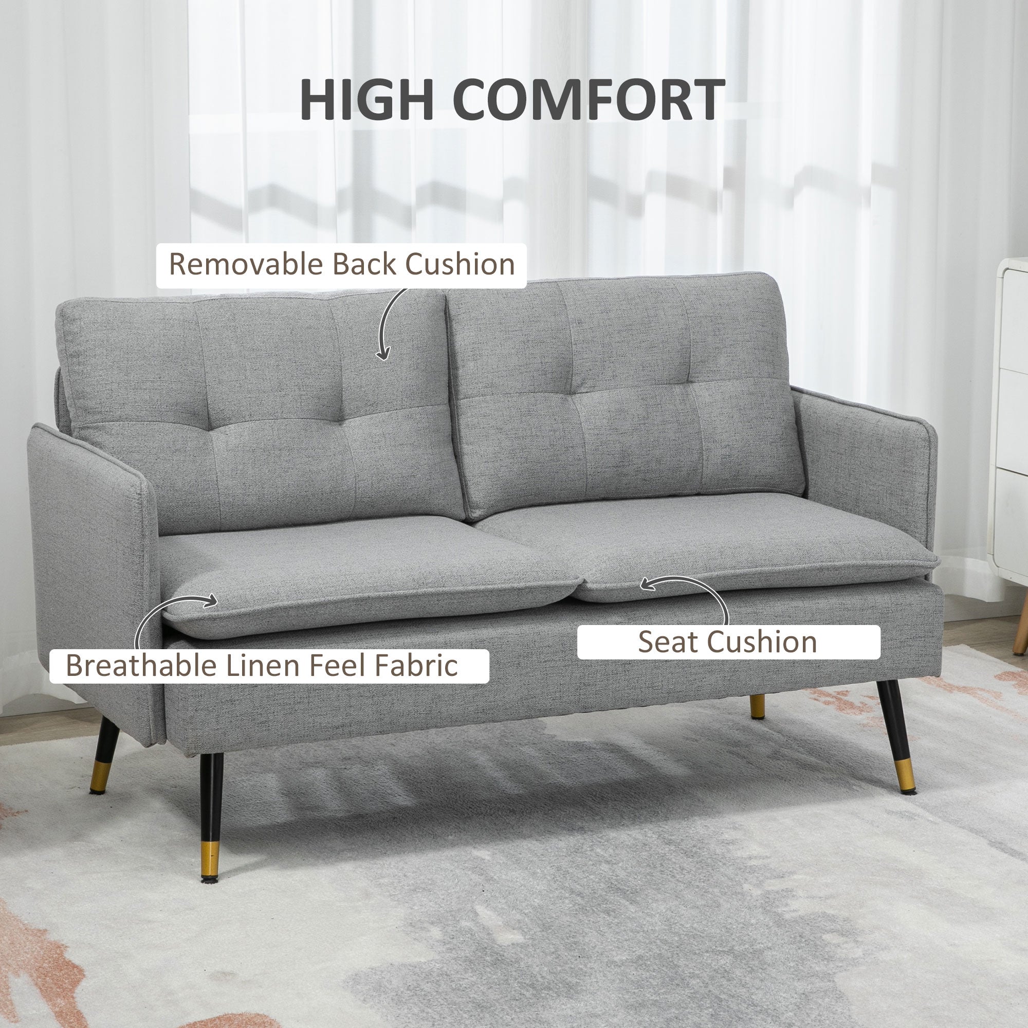 HOMCOM 55" Button Tufted Loveseat: Upholstered Small Couch for Bedroom, Small Space, Grey
