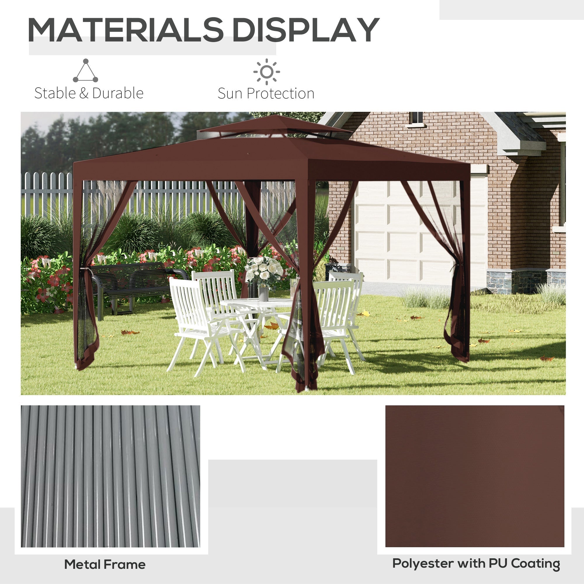Outsunny 10x10 Canopy Tent Party Tent with Mesh Netting & Double Tier Roof for Outdoor, Garden, Patio in Brown