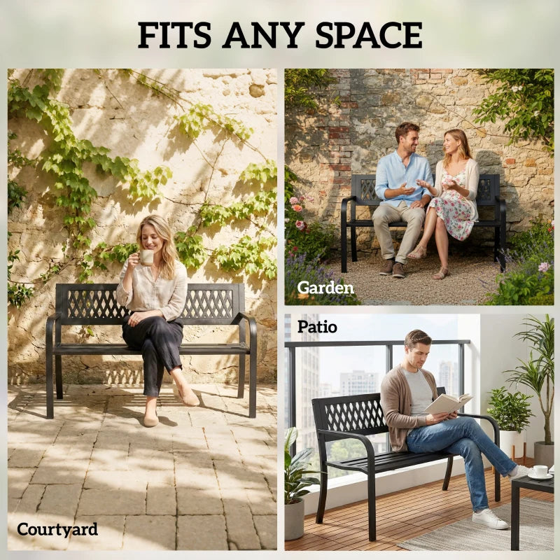 Outdoor Bench with Floral Backrest 2 Seater Garden Bench with Armrests for Yard Park Balcony Black