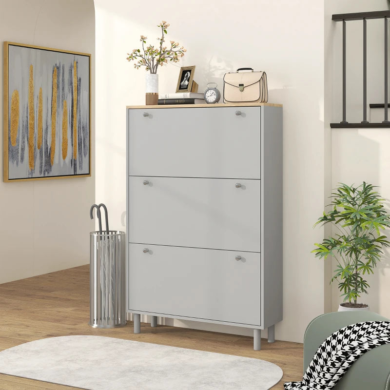 Entryway Shoe Storage Small Modern Flip-Flop Shoe Cabinet with 3 Flip Drawers Adjustable Shelves for 24 Pairs of Shoes, Grey