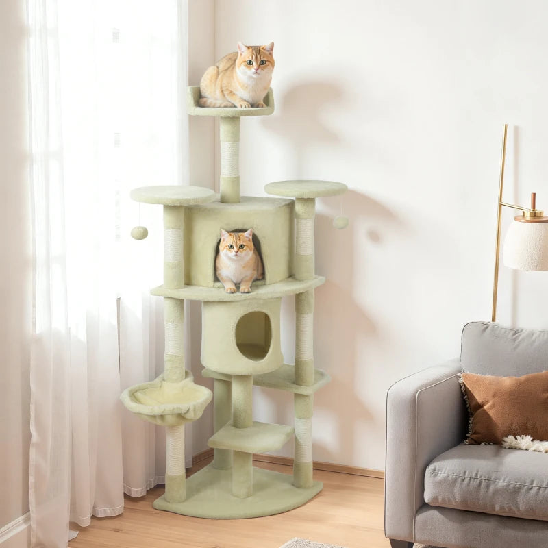 62" Cat Tree with Scratching Post, 2 Condos, Hammock, Perches, Plush, Pompoms, for Indoor Cats, Beige