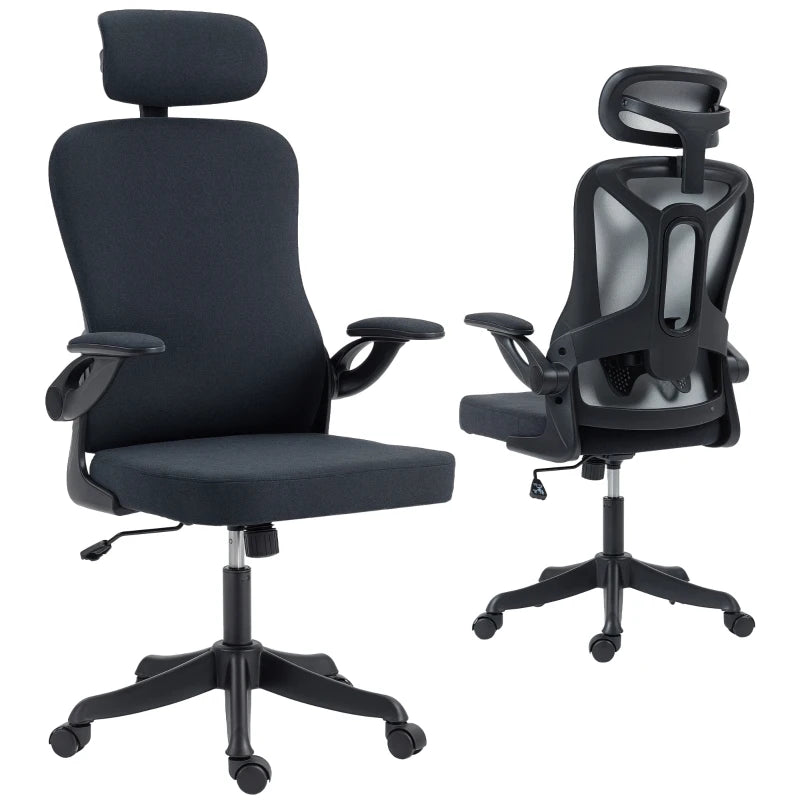 Ergonomic Office Chair, Swivel Desk Chair with Lumbar Support and Adjustable Height, Flip-up Armrests, Wheels, Grey