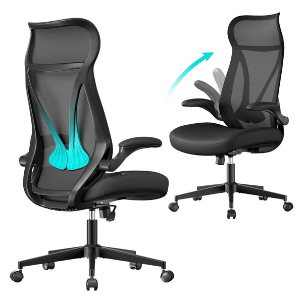 Ergonomic Mesh Office Chair with Headrest, Flip-Up Armrests & Lumbar Support – Light Oatmeal or Black