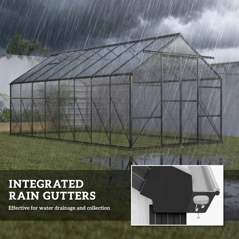 Aluminum Greenhouse Polycarbonate Walk-in Garden Greenhouse Kit with Rain Gutter and Sliding Door, 16' x 8', Dark Grey