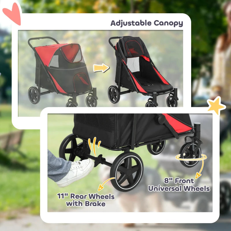 Foldable Pet Stroller with Universal Front Wheels, Shock Absorber, Dog Cat Carriage for Large & Medium Dogs, Red