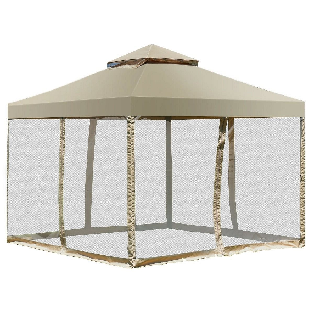 10 x 10 Ft Outdoor Gazebo with Tan Brown Polyester Canopy and Mesh Side Walls - Free Shipping