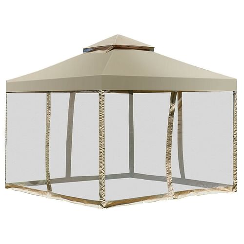 10 x 10 Ft Outdoor Gazebo with Tan Brown Polyester Canopy and Mesh Side Walls - Free Shipping