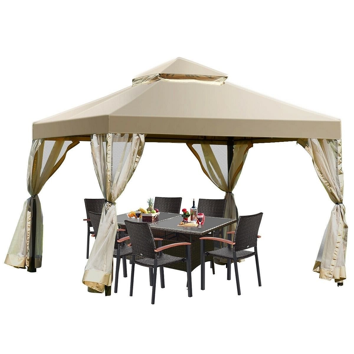 10 x 10 Ft Outdoor Gazebo with Tan Brown Polyester Canopy and Mesh Side Walls - Free Shipping