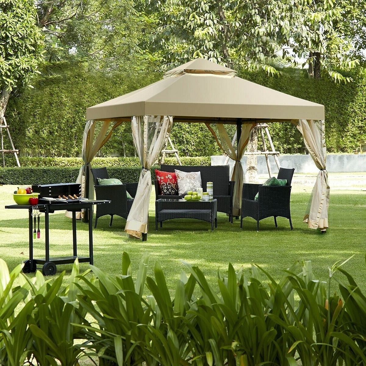 10 x 10 Ft Outdoor Gazebo with Tan Brown Polyester Canopy and Mesh Side Walls - Free Shipping