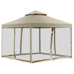 10 x 10 Ft Outdoor Gazebo with Tan Brown Polyester Canopy and Mesh Side Walls - Free Shipping