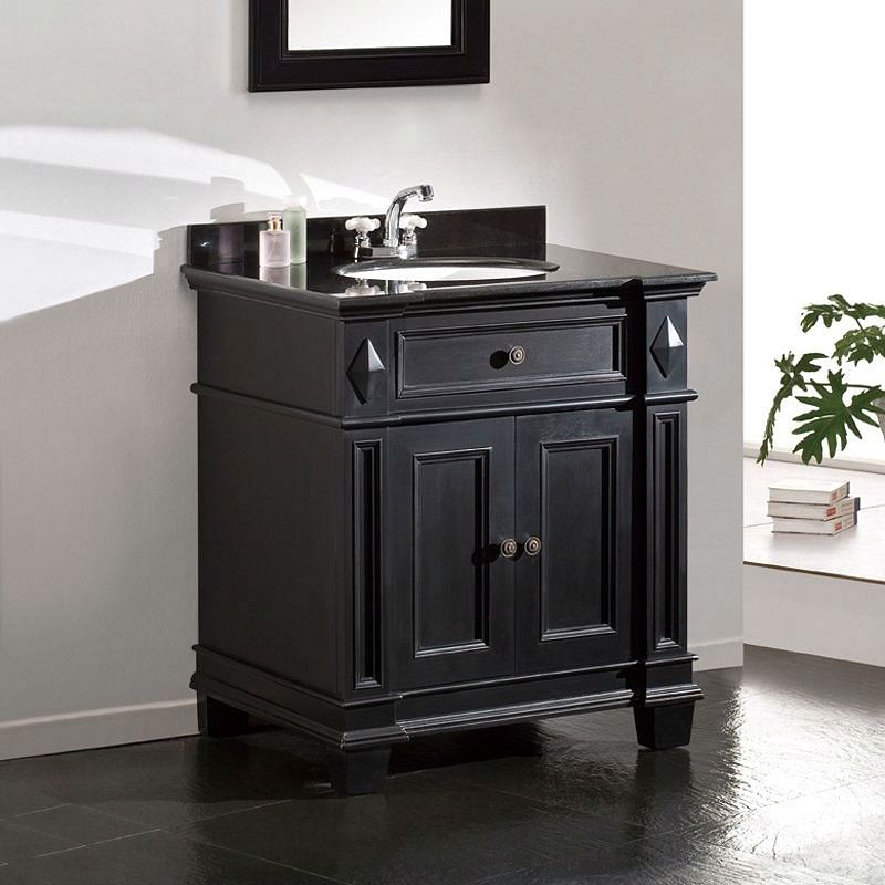 Single Sink Bathroom Vanity with Cabinet & Black Granite Countertop / Backsplash - Free Shipping