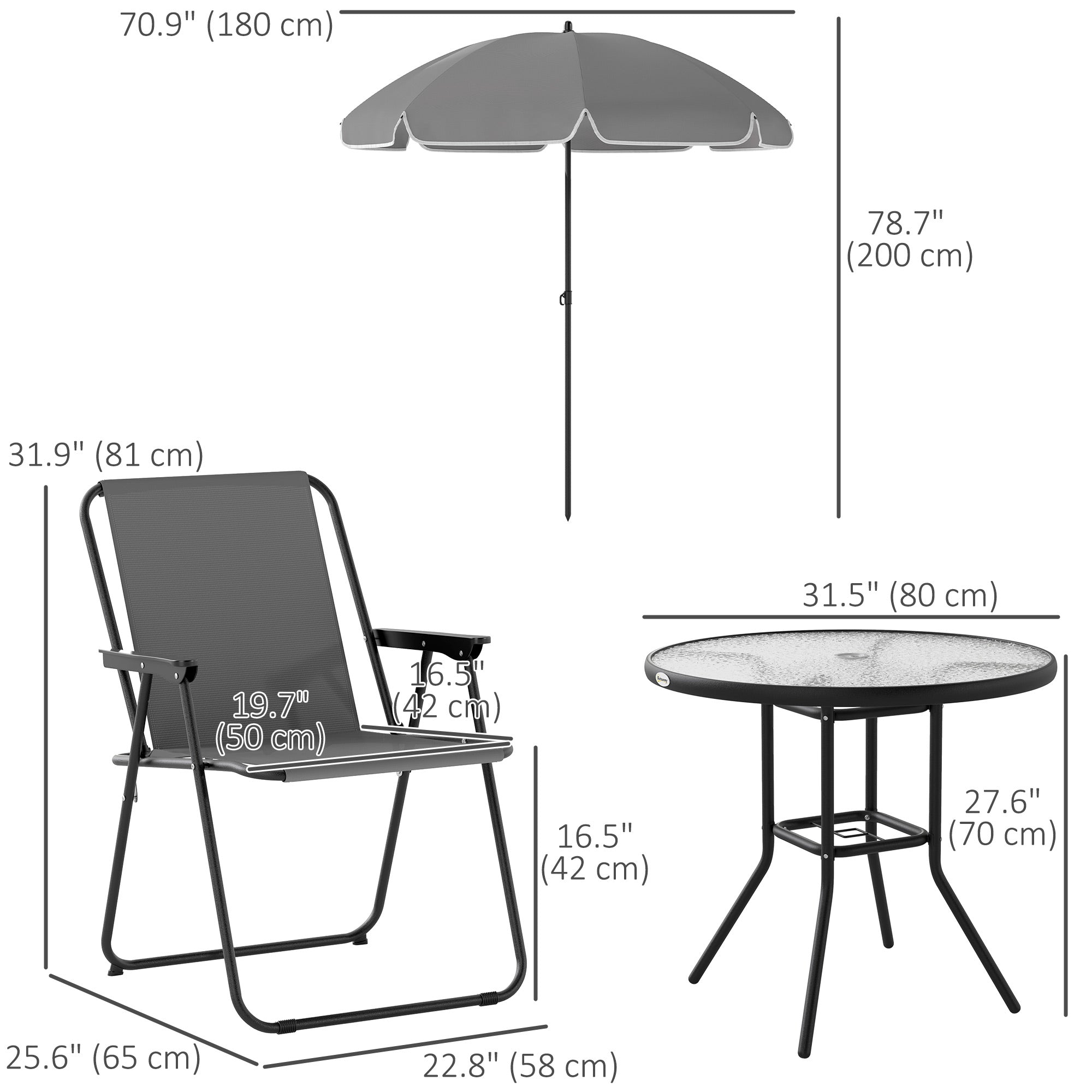 Outsunny 6 Pieces Patio Dining Set with Umbrella, Patio Furniture Set with Folding Chairs, Glass Table for Garden Backyard, Grey