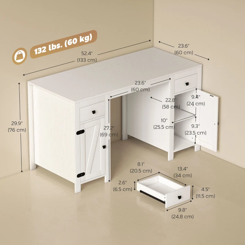 53" Farmhouse Executive Desk, Computer Desk with Drawers and 2 Cabinets, Study Table for Home Office, White Wood Grain