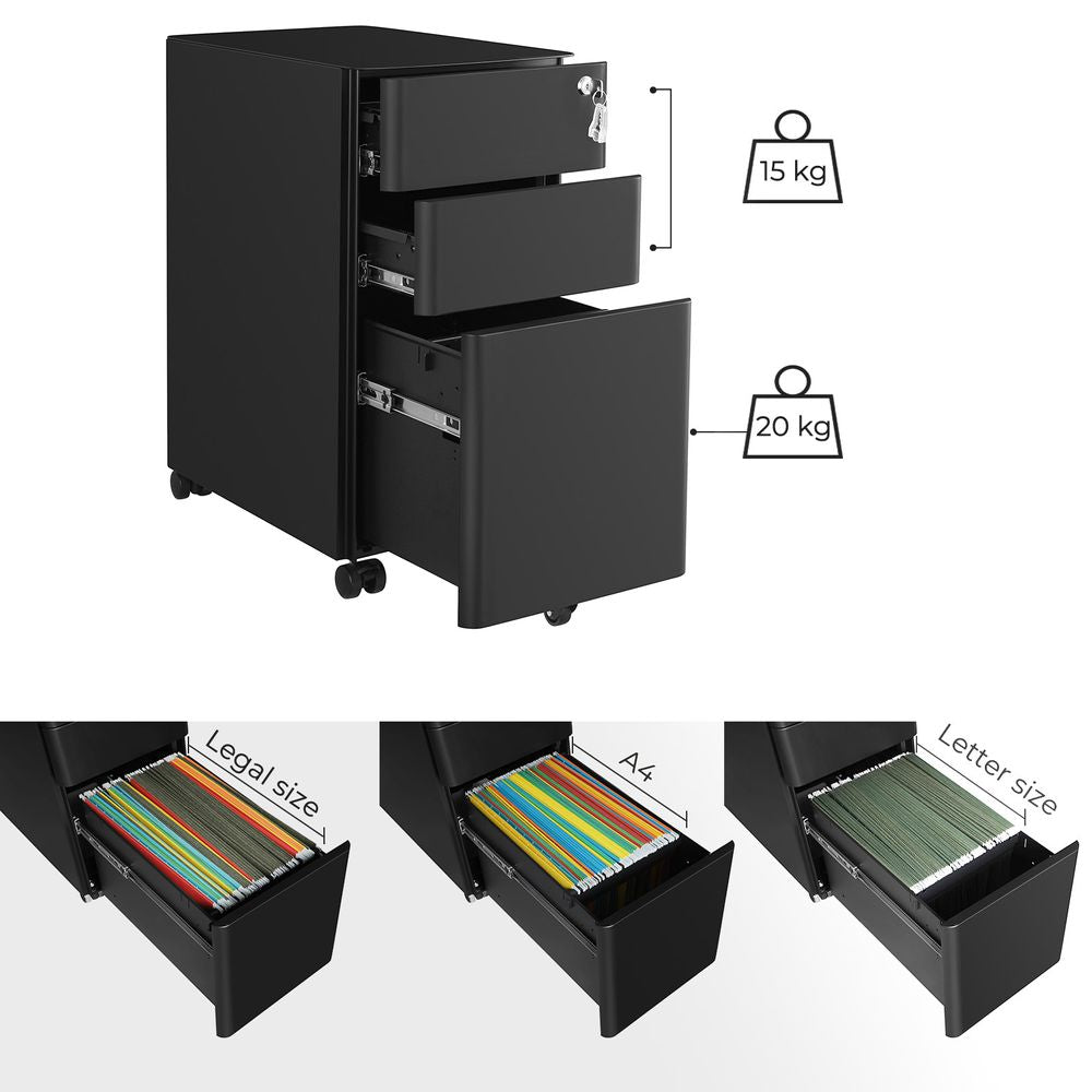 SONGMICS 3-Drawer Mobile Steel File Cabinet with Lock, Rolling Under Desk Filing Cabinet, Matte Black