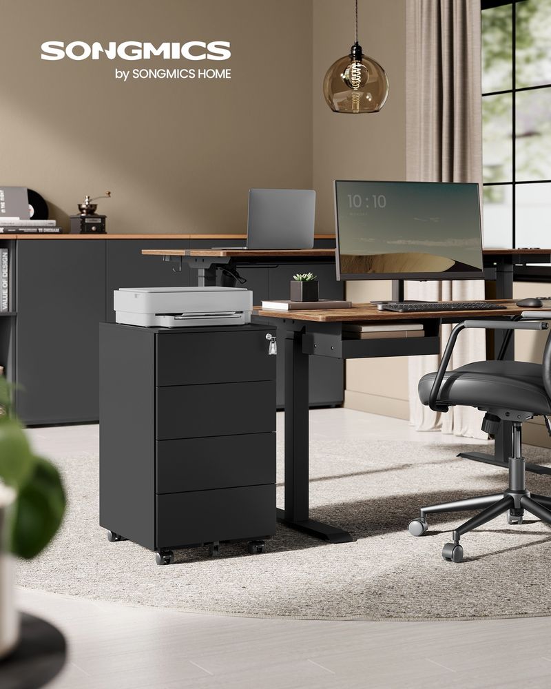 4-Drawer Metal Filing Cabinet with Lock & Wheels – Mobile Office Storage Cabinet, Matte Black