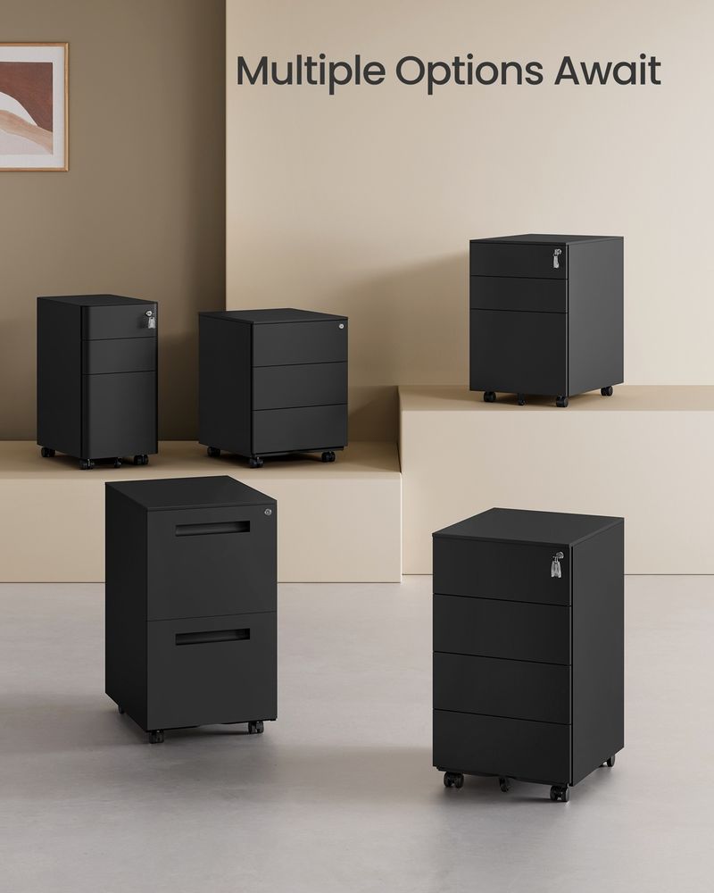 4-Drawer Metal Filing Cabinet with Lock & Wheels – Mobile Office Storage Cabinet, Matte Black