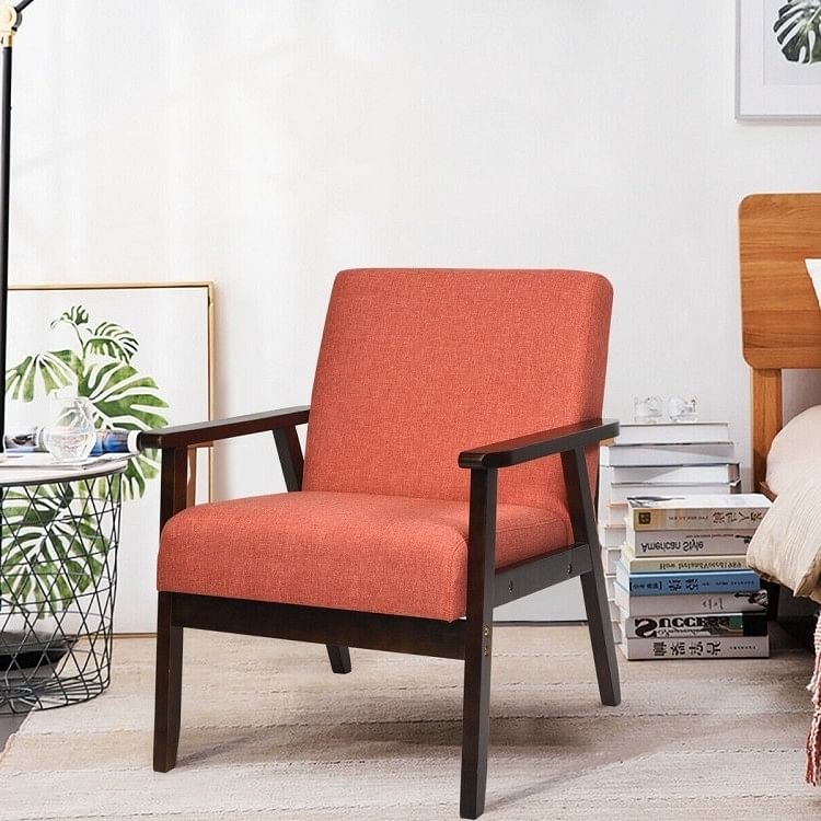 Retro Modern Classic Orange Linen Wide Accent Chair with Espresso Wood Frame - Free Shipping