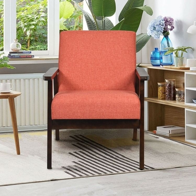 Retro Modern Classic Orange Linen Wide Accent Chair with Espresso Wood Frame - Free Shipping
