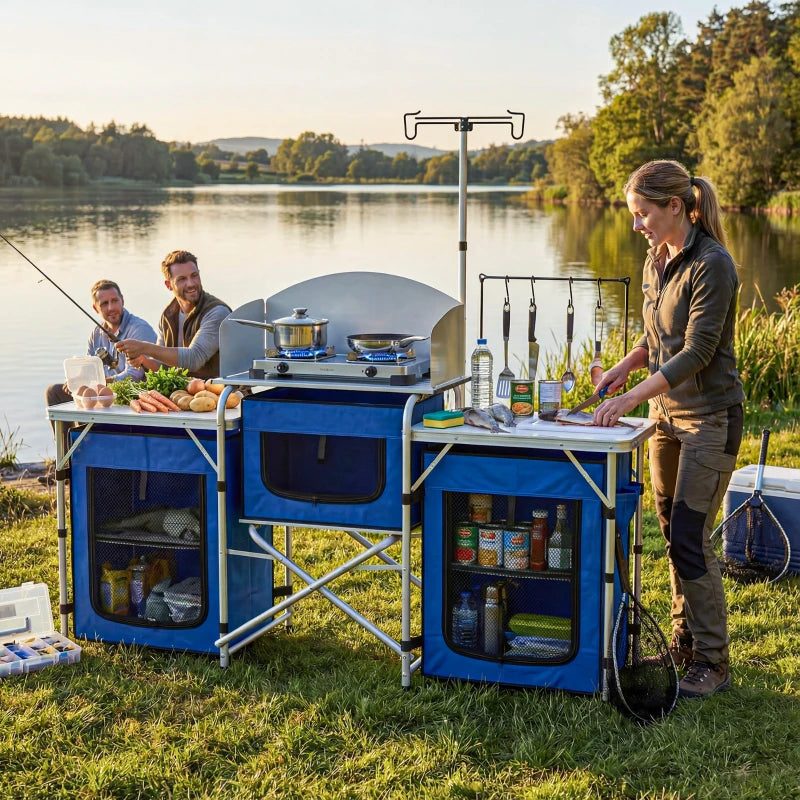 Aluminum Camping Kitchen, Portable Folding Camping Table with Fabric Cupboards, Windshield, Bag for BBQ, Picnic, Blue