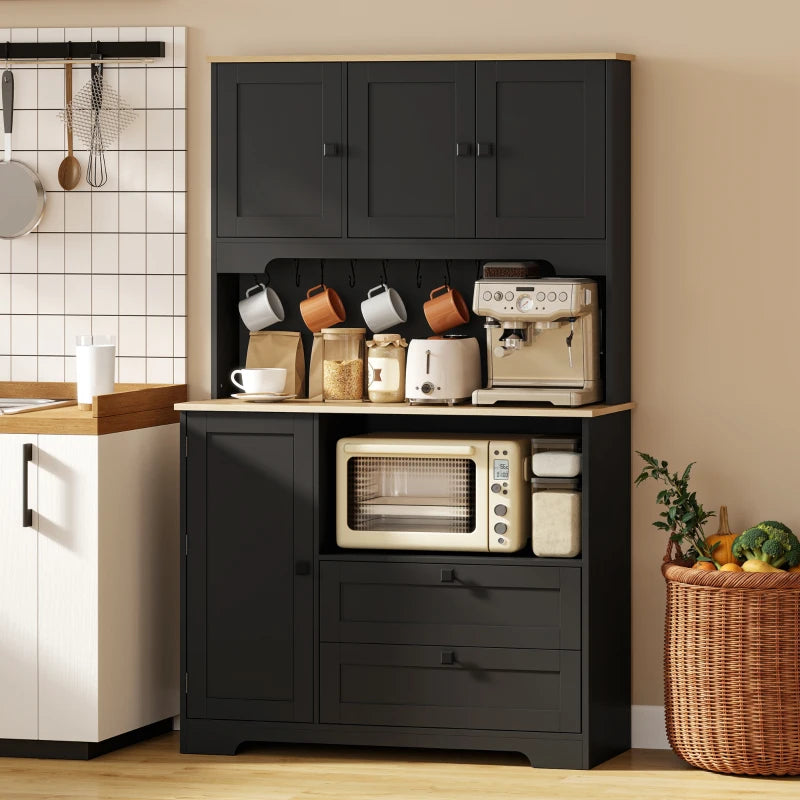 Kitchen Pantry Cabinet, 64" Tall Kitchen Hutch with 3 Cabinets, 2 Drawers, Adjustable Shelves, Microwave Stand, Black