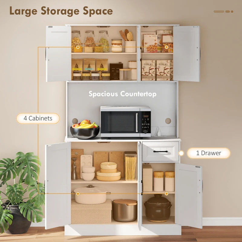 71" Pantry Cabinet with Charging Station, Kitchen Storage Cabinet with Microwave Stand, Adjustable Shelves, White