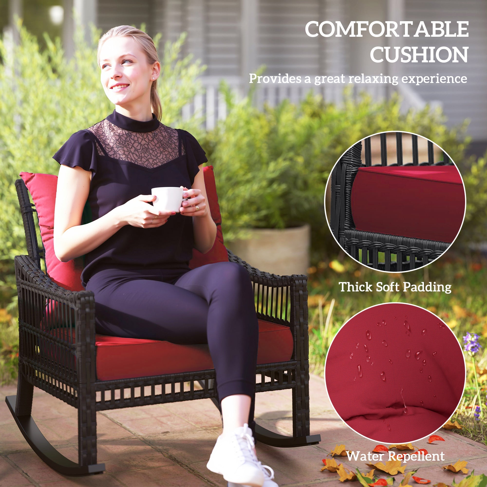 Outsunny 3 Pieces Outdoor PE Rattan Rocker Chair Set, Rocking Chair with Tempered Glass Table Top, 25"x26"x28", Red