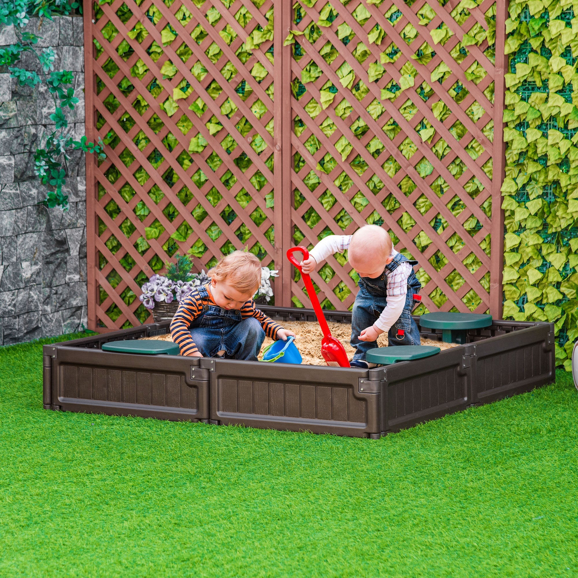 Outsunny Shaded Sandbox: Childrens Outdoor Sandbox with Shade Canopy, Bottom Liner, Durable Play Area for Ages 3-12, Backyard Brown