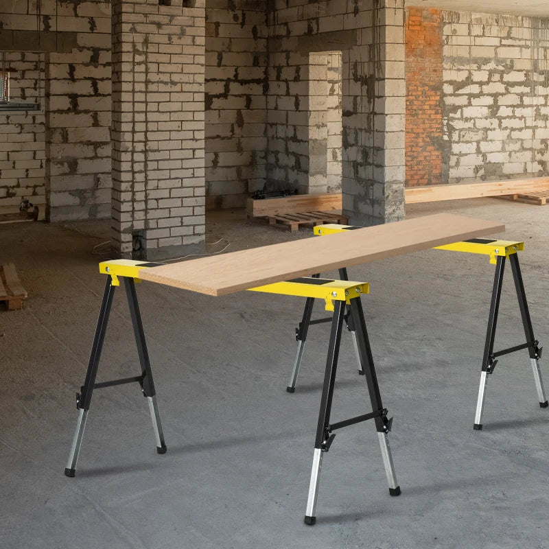 Saw Horse Twin Pack Folding Workbench Adjustable Metal Trestle Stands Yellow