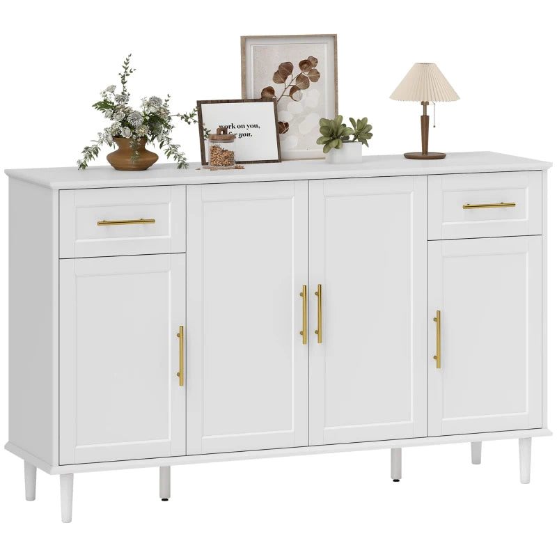 55" Buffet Cabinet with Soft-Close Doors, Modern Sideboard with 2 Drawers, 3 Adjustable Shelves and 4 Doors, White