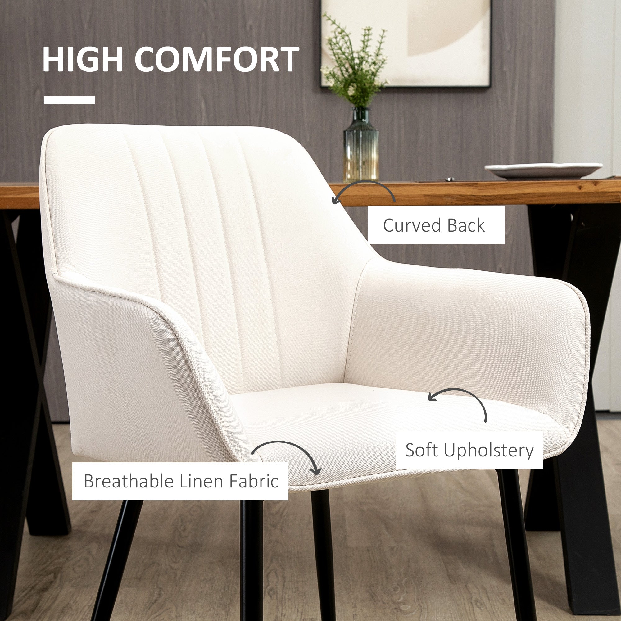 HOMCOM Stylish Dining Chairs Set of 2 Linen Fabric & Metal Legs Comfortable Upholstered Accent Chairs Beige