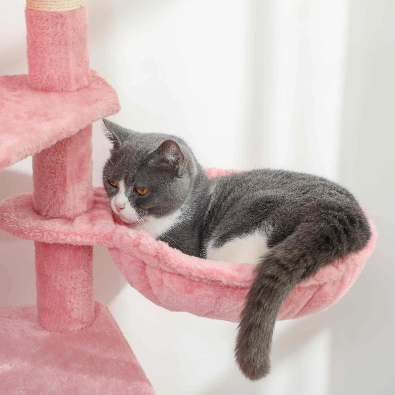Cat Tree, 70" Multi-Level Cat Tower with 2 Condos, 2 Perches, Hammock, Toy Balls, Scratching Posts and Board, Pink