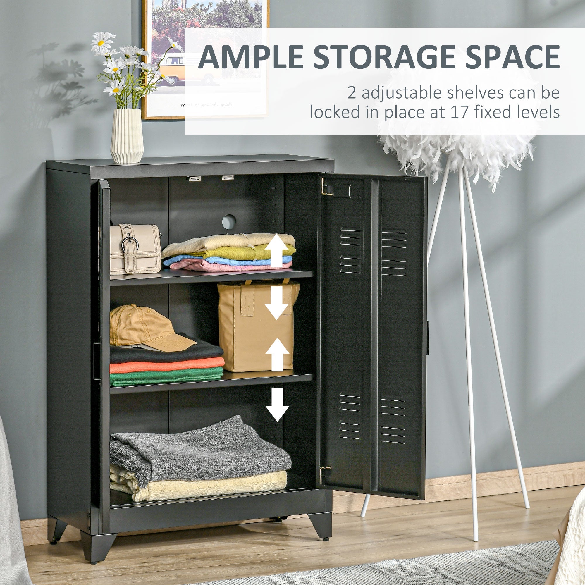 HOMCOM Storage Solution: 3-Tier Steel Storage Cabinet with 2 Louvered Doors, Black Finish for Office Garage Warehouse