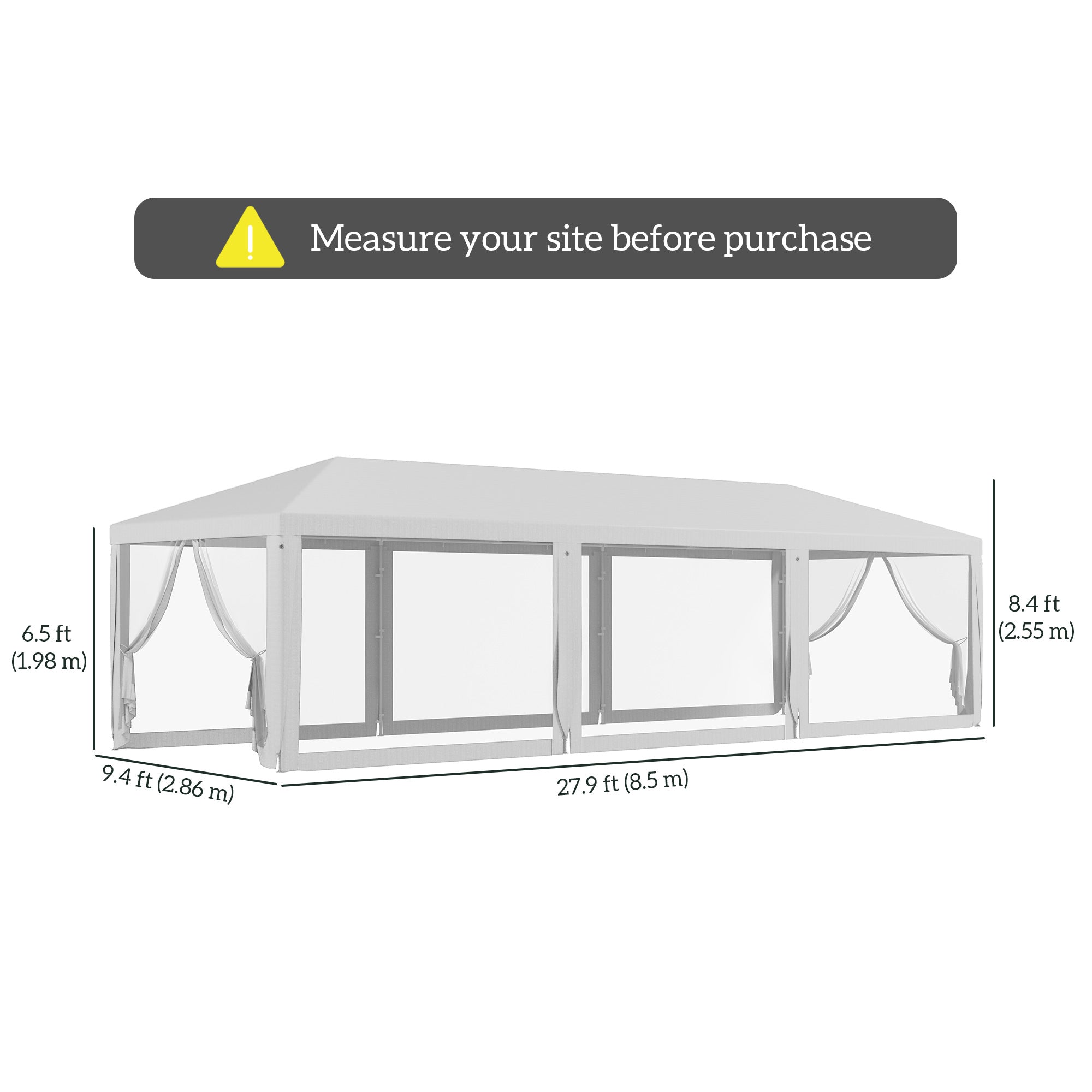 Outsunny 10' x 28' Gazebo Party Tent Outdoor Canopy Garden Sun Shade with 8 Mosquito Mesh Netting and Zipper Door, White