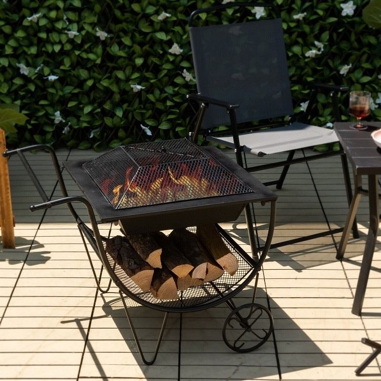 Portable Outdoor Wheeled Log Storage Rack and Wood Burning Fire Pit - Free Shipping