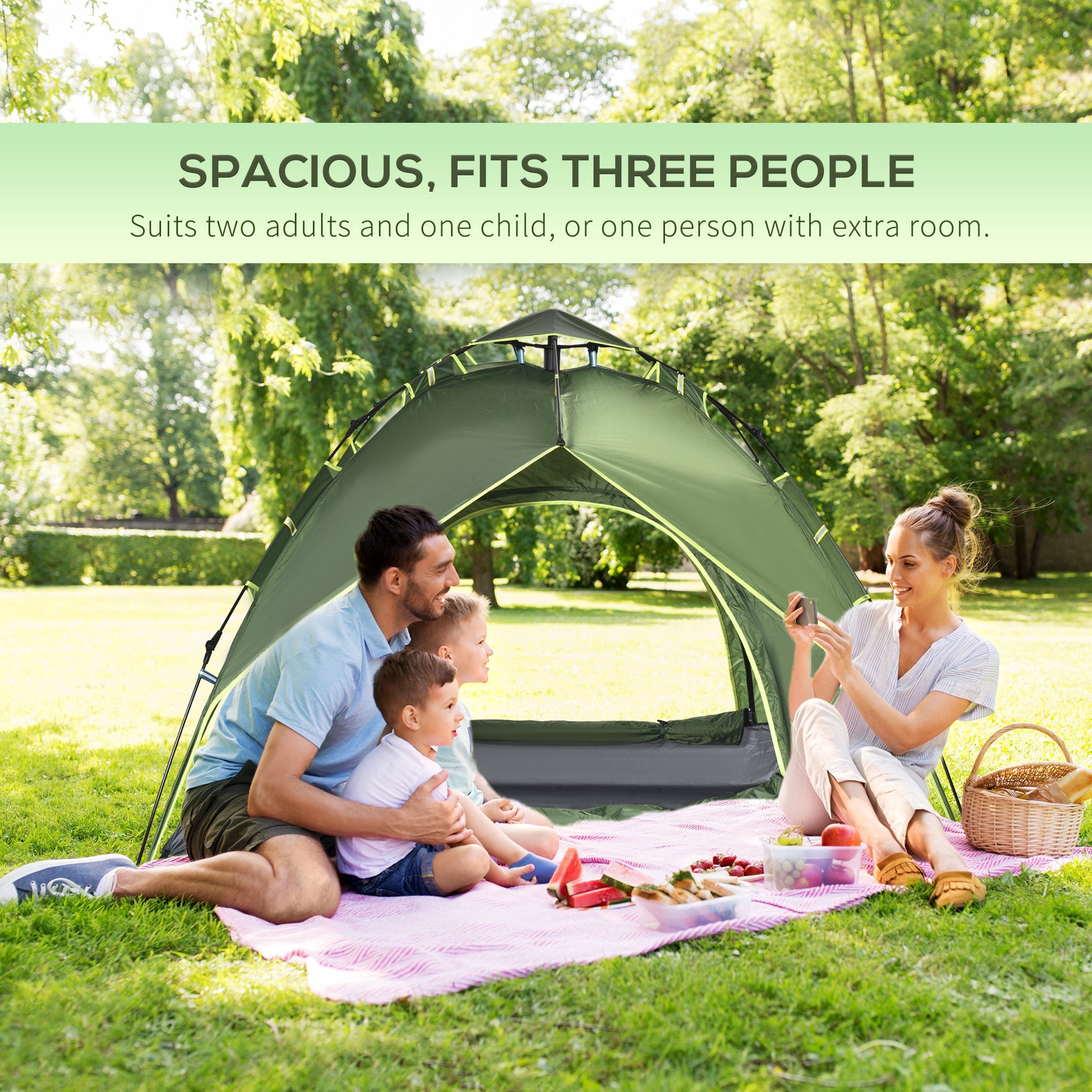 Outsunny Camping Tent, 3 Person Family Tent, 1000mm Waterproof, with Sewn-in Groundsheet and Carry Bag, for Fishing, Dark Green
