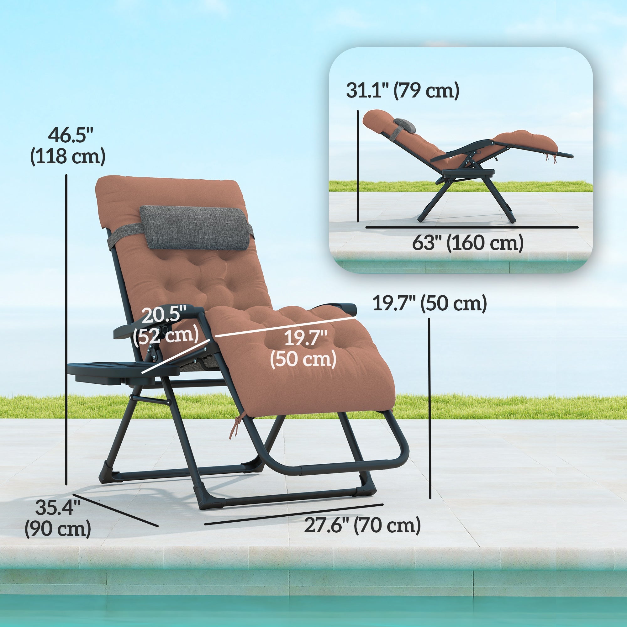 Outsunny Padded Folding Recliner Chair, Patio Lounger with Cupholder, Adjustable Backrest, Removable Cushion, Khaki