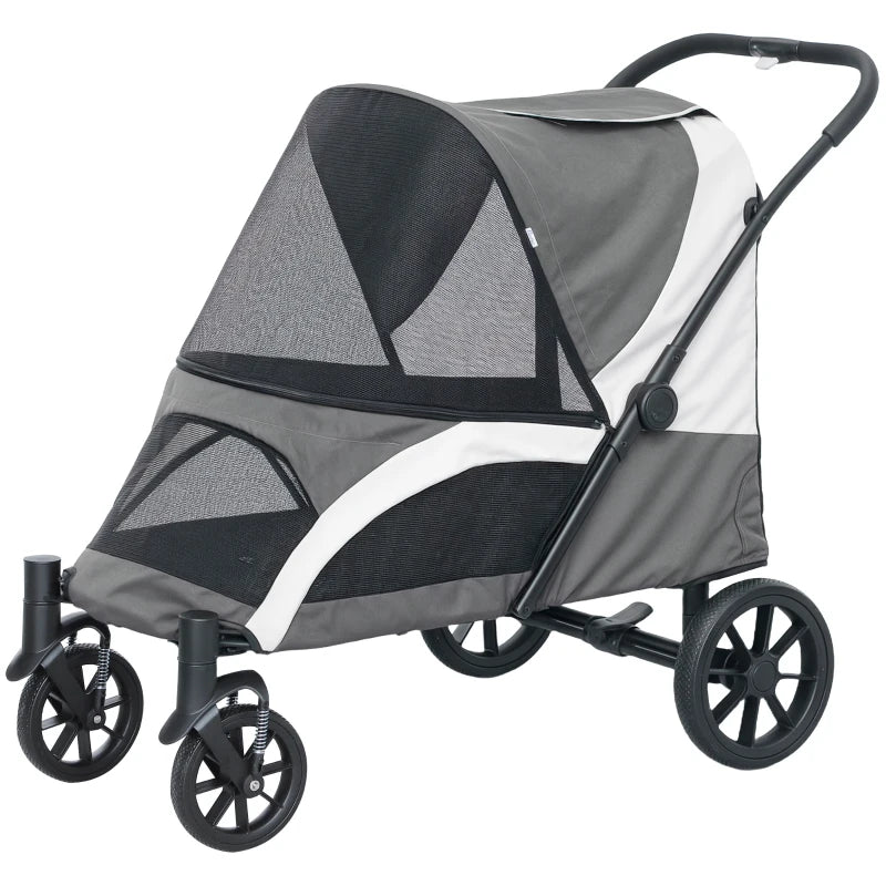 Foldable Pet Stroller for Large Dogs with Four Big Wheels, Shock-Absorbing Frame, Safety Leashes, Brakes, Dark Grey