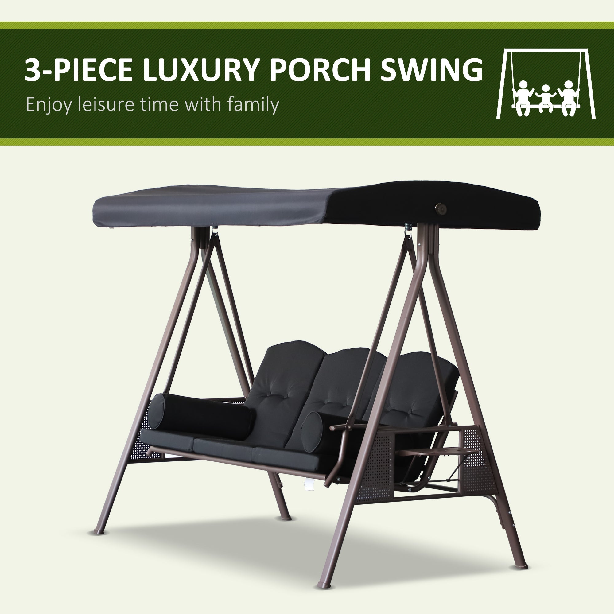 Outsunny 3-Person Porch Swing Chair Heavy Duty Outdoor Lounge Hammock with Cushioned Seat and Tilt Canopy Black