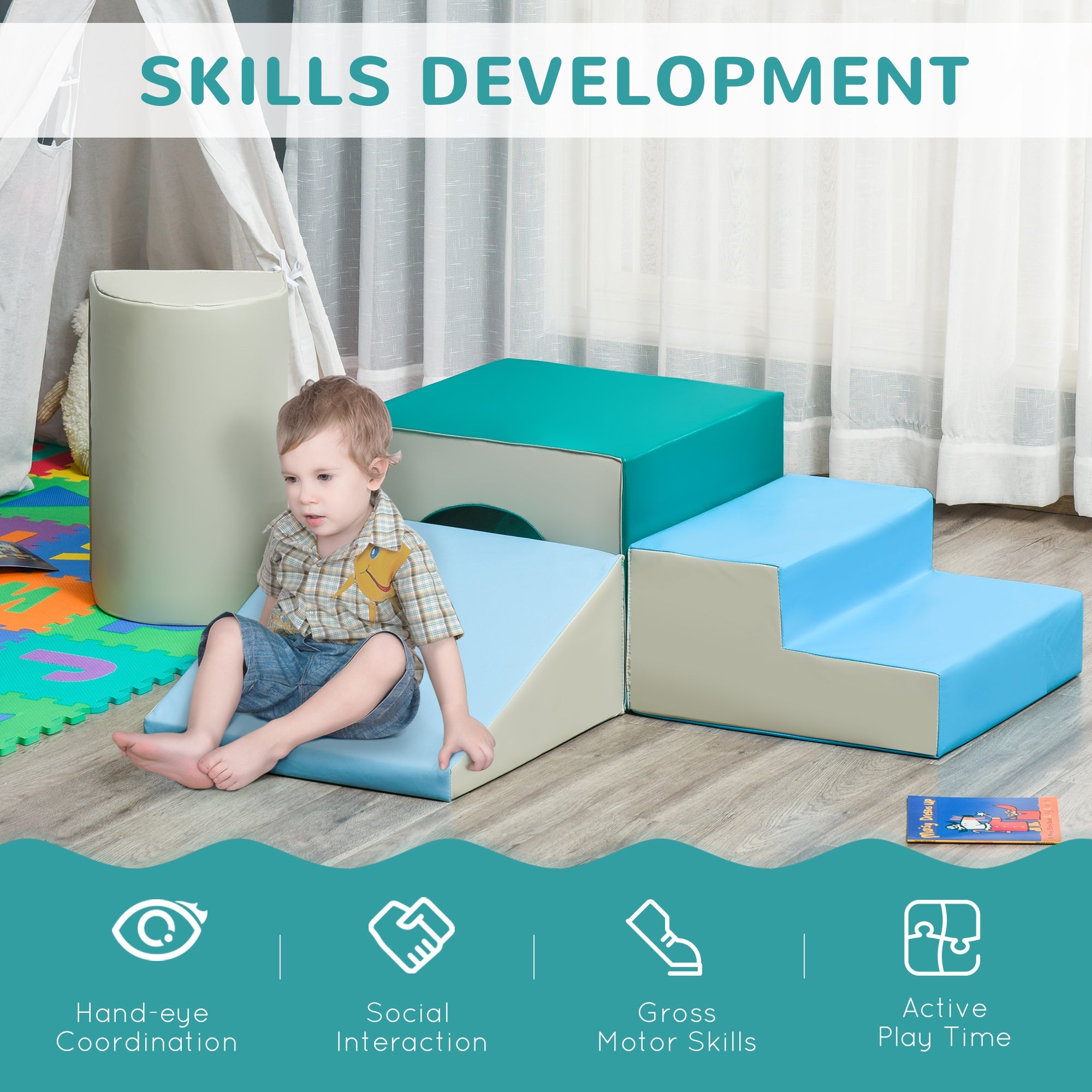 Qaba Soft Play Wonderland: 4-Piece Easy-Clean Foam Climbing, Crawling, Sliding Set for Toddlers, Multicolor
