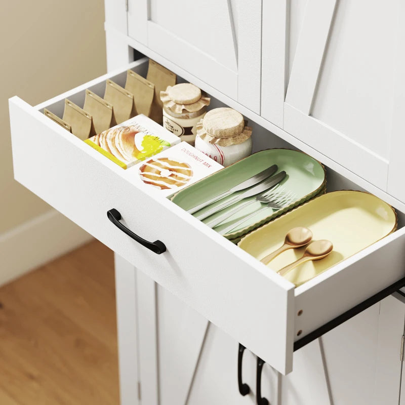 72" Kitchen Pantry Cabinet, Farmhouse Kitchen Storage Cabinet with 4 Barn Doors, 6 Door Shelves, Drawer, White