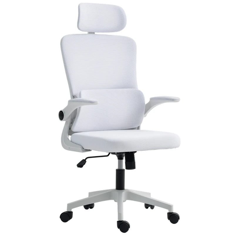 High Back Office Chair, Mesh Computer Chair with Rotatable Headrest, Lumbar Back Support, Adjustable Height, Cream White