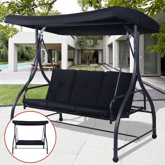 3 Seats Converting Outdoor Swing Canopy Hammock with Adjustable Tilt Canopy-Black - Color: Black - Free Shipping