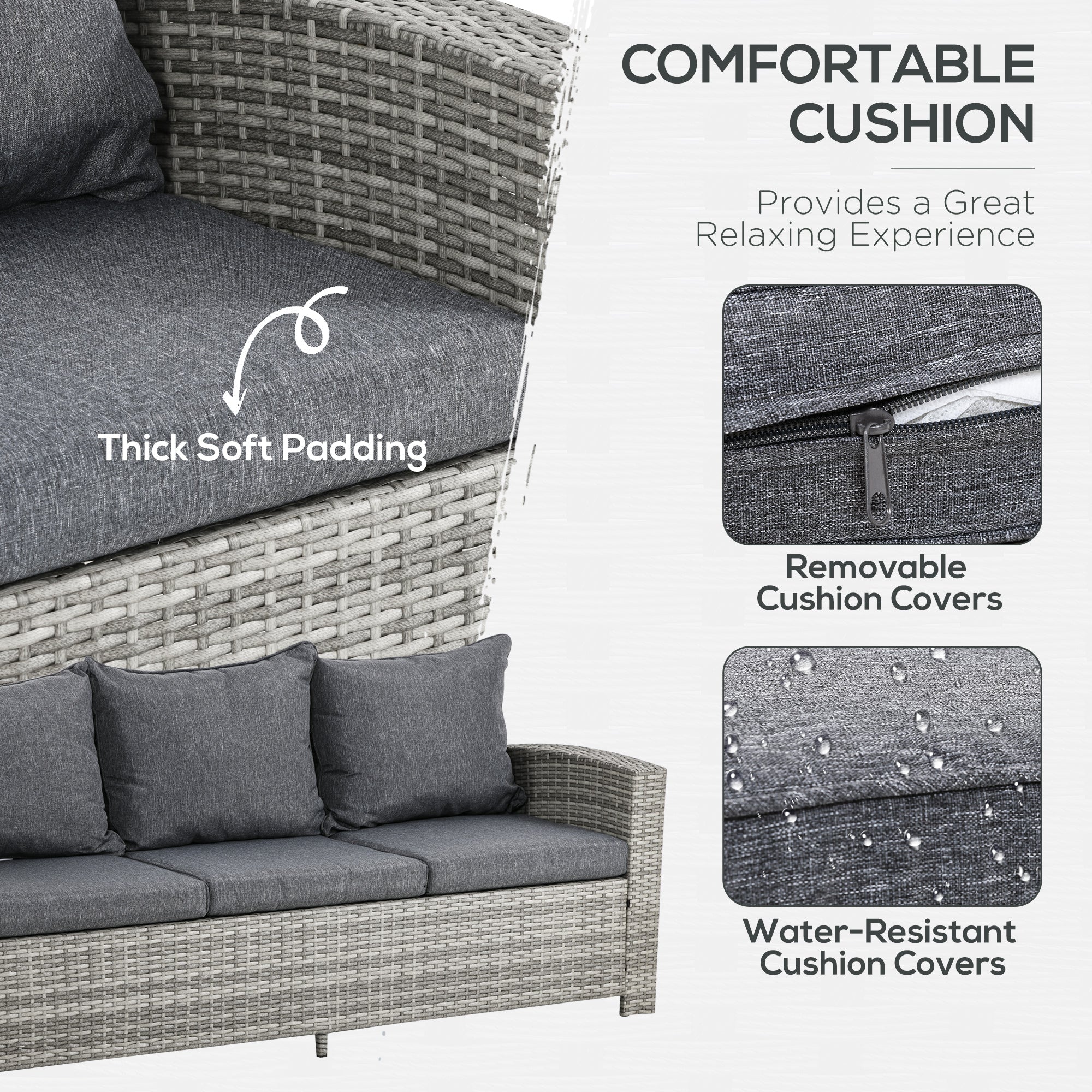 Outsunny 6 Pcs Patio Furniture Set, Rattan Outdoor Furniture Set with 3 Seater Sofa, Armchairs, Footstools and Table, Light Grey