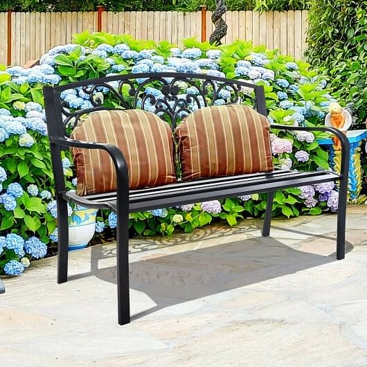 50 Inch Patio Park Steel Frame Cast Iron Backrest Bench Porch Chair - Free Shipping
