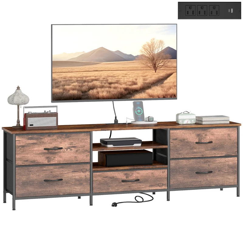 TV Stand for TVs up to 70 Inch, Industrial TV Console with Charging Station, 5 Drawers and Open Shelves, Rustic Brown