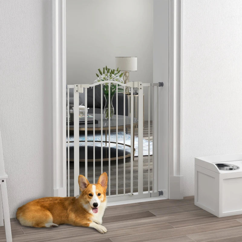 Extra Tall Dog Gate with Door, Pressure Fit, Auto Close, Double Locking for Doorways Hallways Stairs, 29"-34", White
